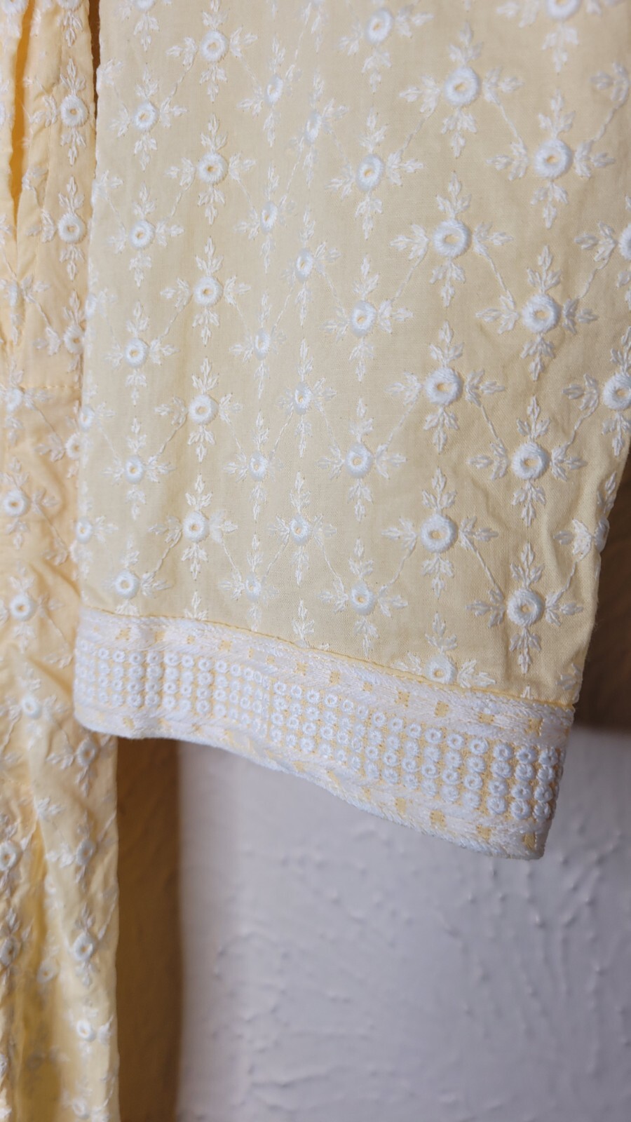 Mohanlal Sons Mens Tunic Georgette Kurta Yellow Eyelet Embroidered Large 40