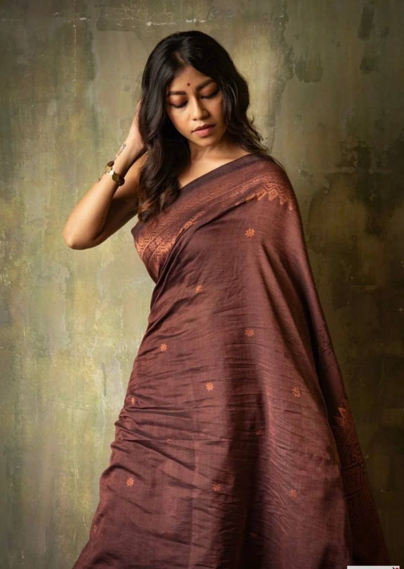 Brown Soft Lichi Silk Saree with Copper Zari & Rich Pallu Jacquard Work