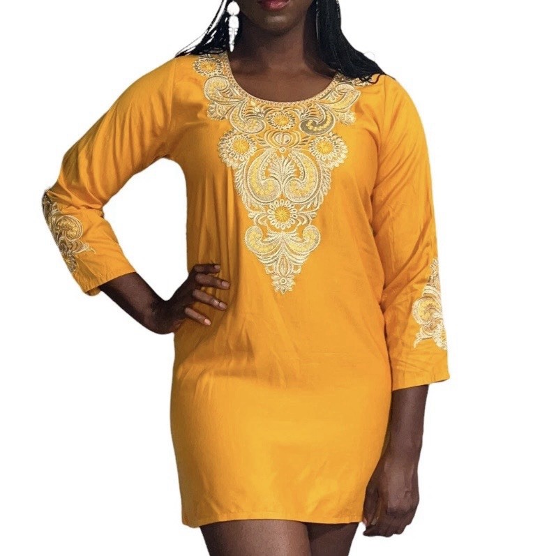 2 Piece Burnt Orange African Caftan with Gold Embroidery and Matching Head Scarf