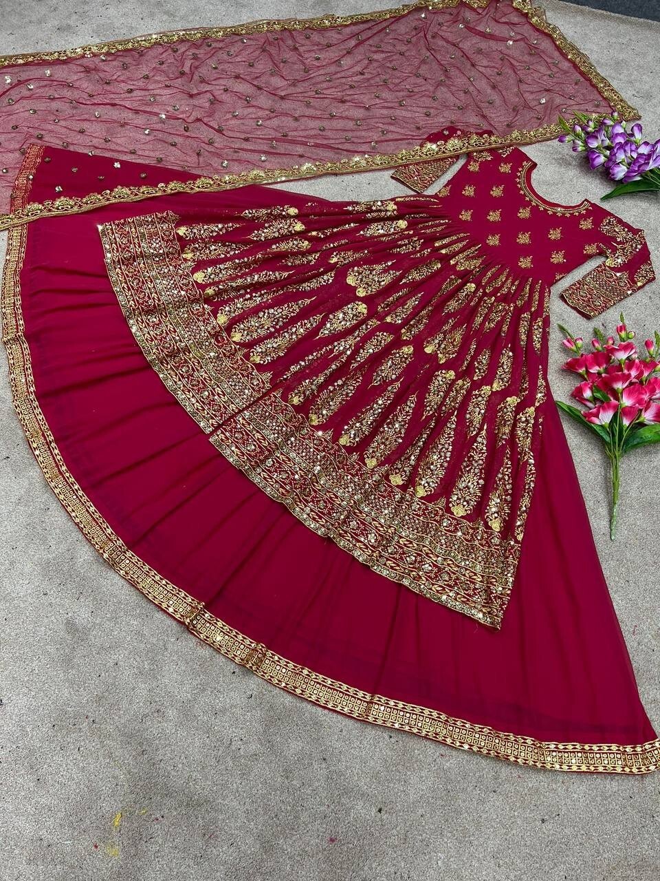 DESIGNER RED HEAVY FAUX GEORGETTE TOP LEHENGA WITH NET DUPATTA FOR WEDDING