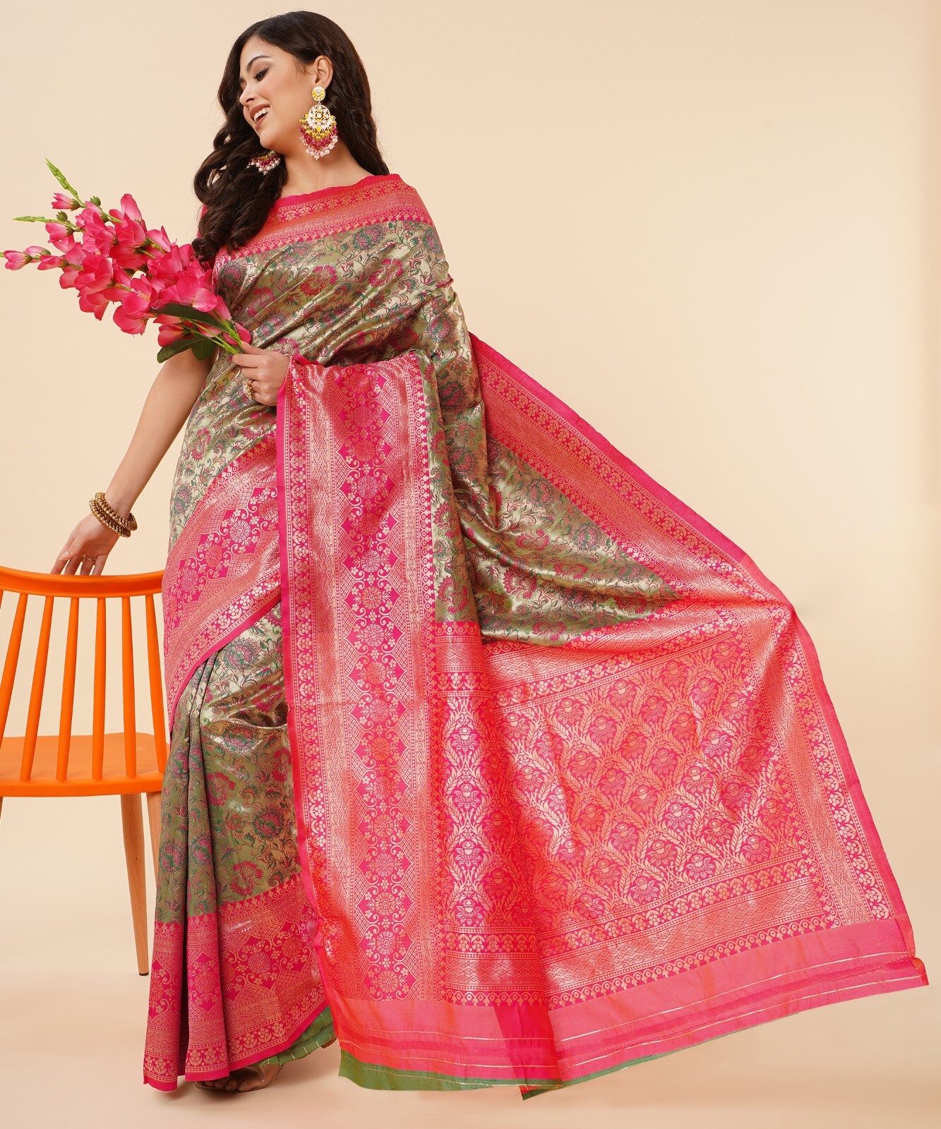 Areca Designer Tissue Brocade Silk saree blouses women Saree Cut – 5.5 Meter