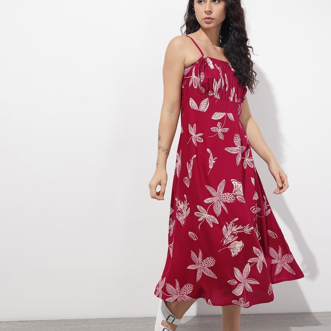 Plus Size Maroon Shoulder Straps Fit & Flared Rayon Dress for Women | Flowy Midi