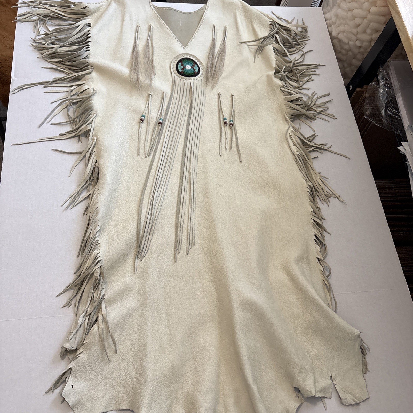 Native American Ivory DoeSkin Beaded Horse Hair Fringe Wedding Dress Medium 8-10
