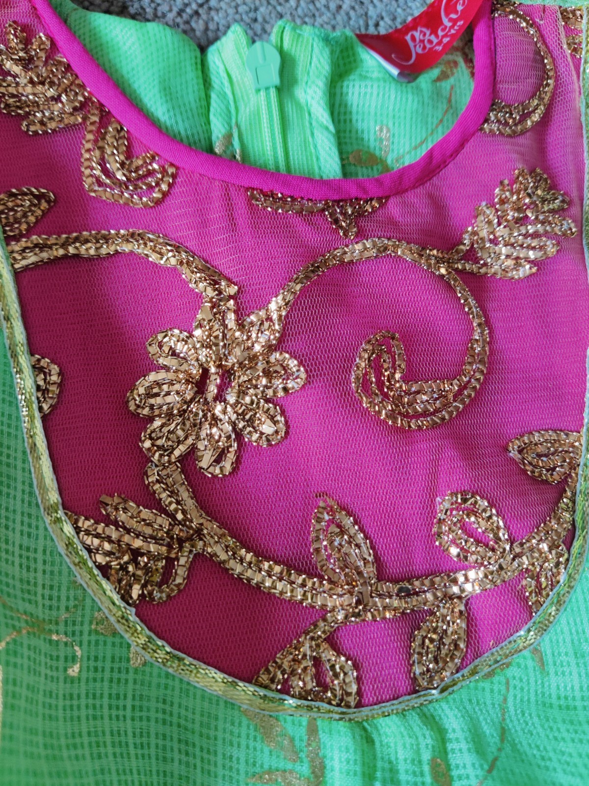 Green Pink Gold Embroidered fancy frock with tights Set Girls 3-4 Yrs