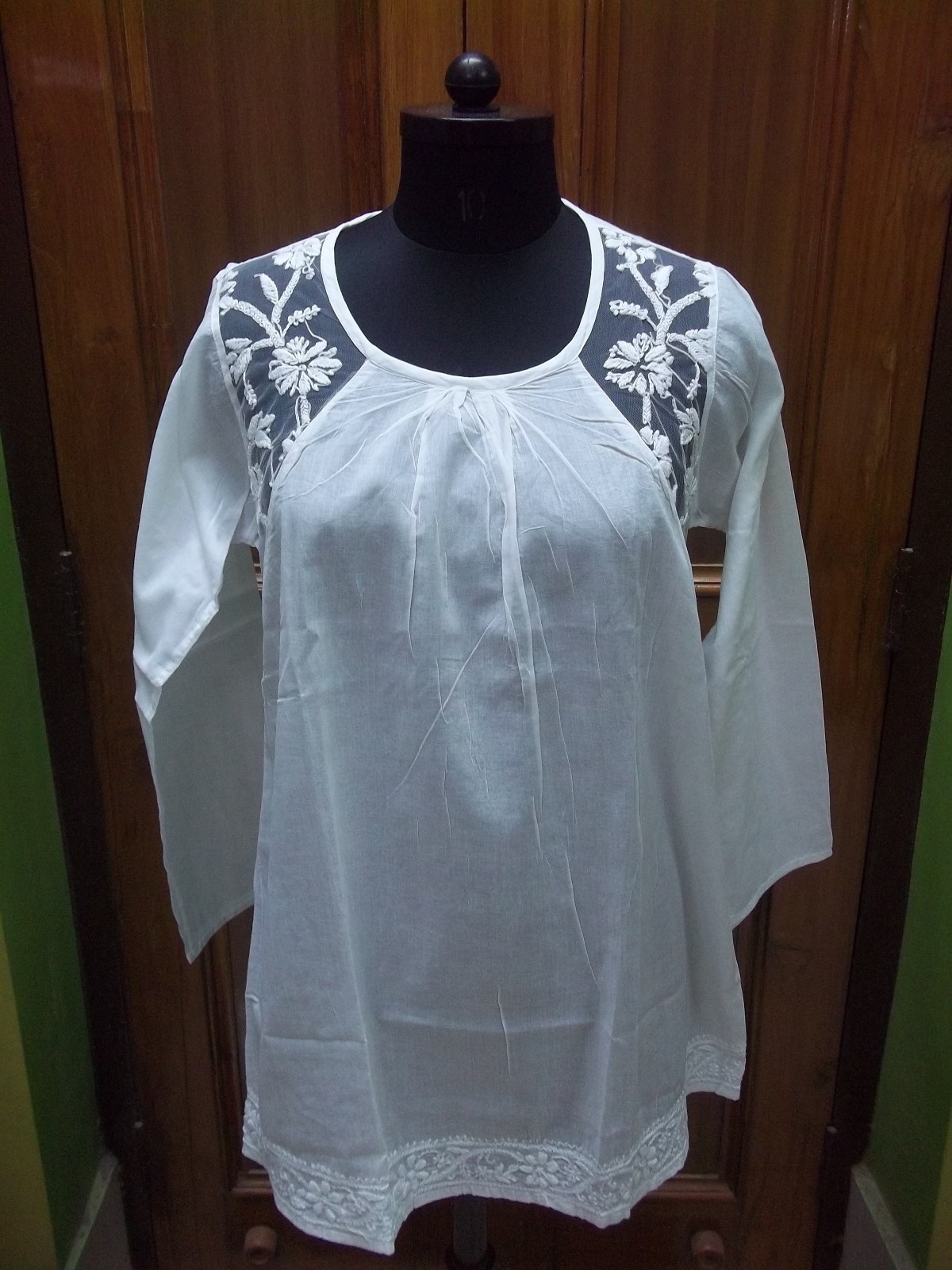 BLOUSE S 38″ TOP 100% COTTON ETHNIC CHIKAN EMBROIDERY HANDMADE KURTA KURTI TUNIC