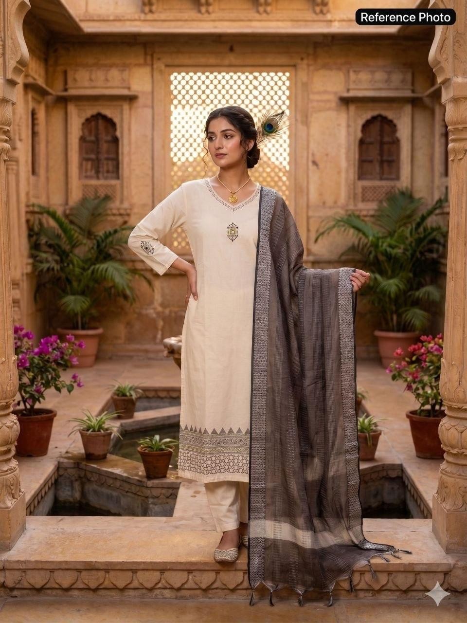 Designer Women Khadi Cotton Kurti Pant Dupatta Set Mirror Work Block Print Suit