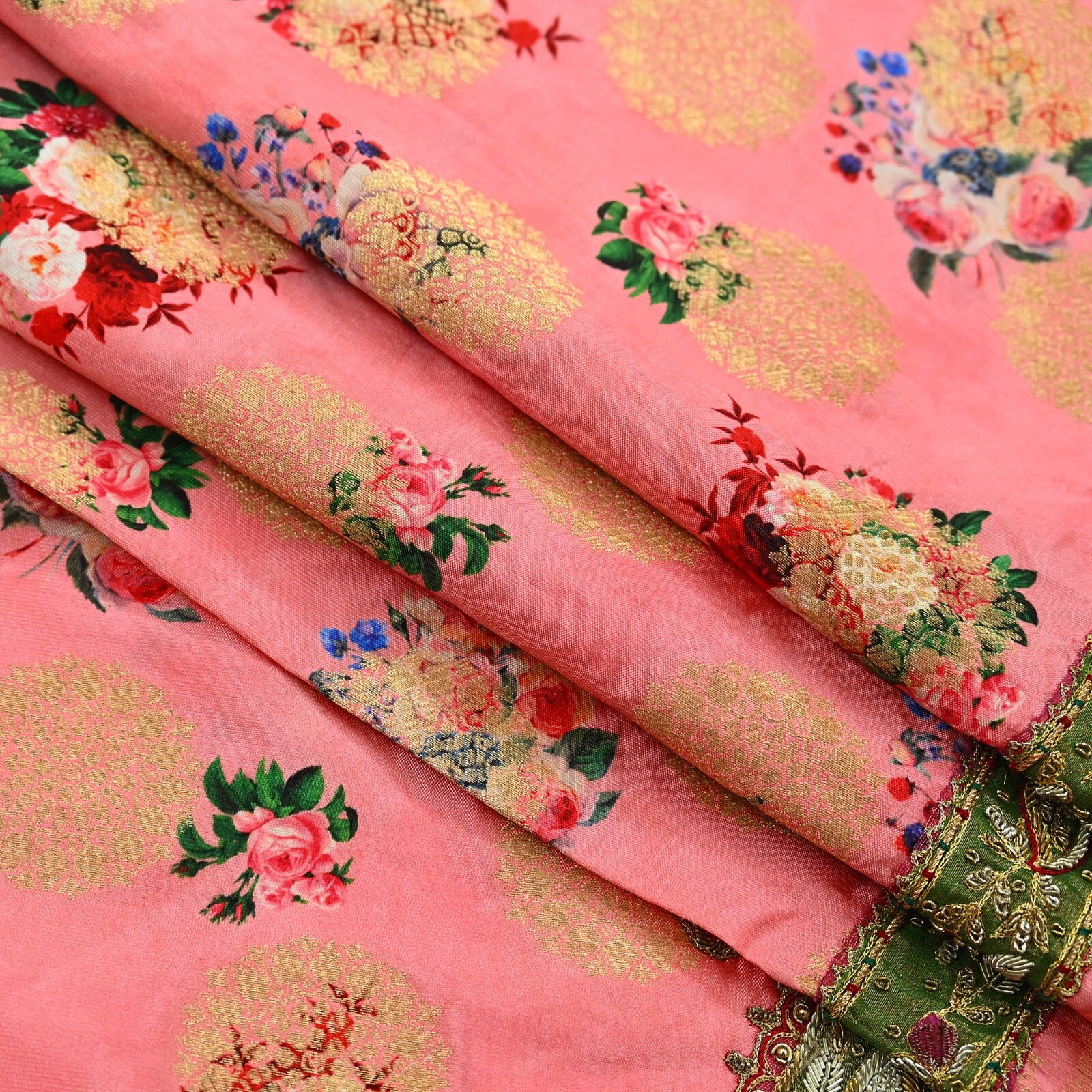 Vintage Peach Sarees Hand Embroidered Woven Brocade Sari Fabric 6Yd Sewing Dabka