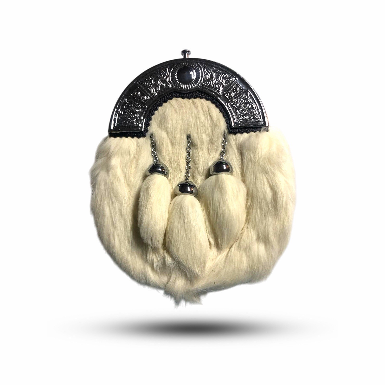 Full Dress Kilt Sporran White Rabbit Fur Celtic Cantle Kilt Sporran