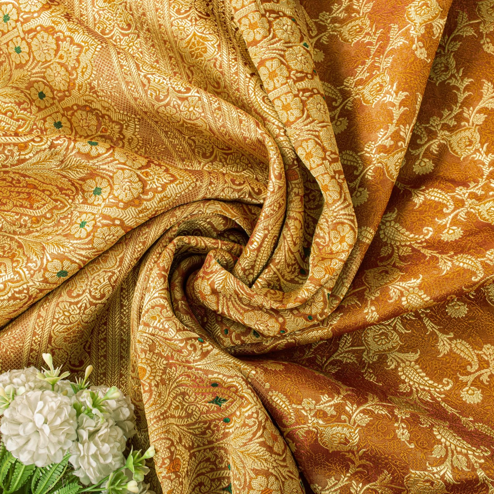 Sanskriti Vintage Orange Blend Silk Saree Banarasi Brocade Handwoven Sari Fabric