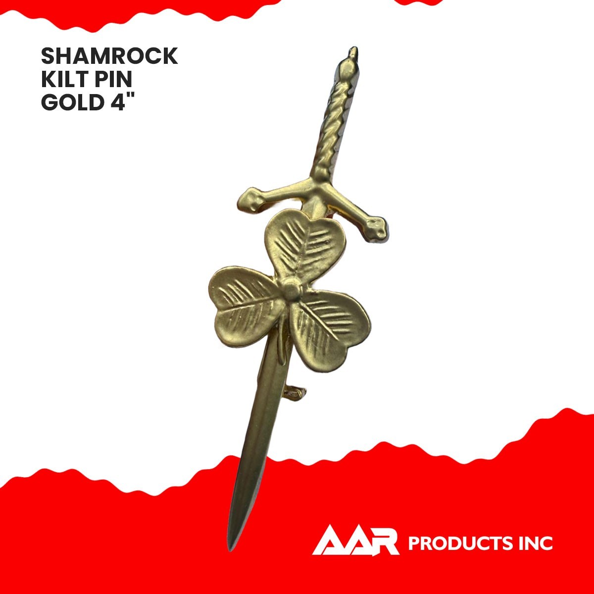 Kilt Pin Shamrock Irish Brand New AAR Sporrans Color Gold Finish Size 4″