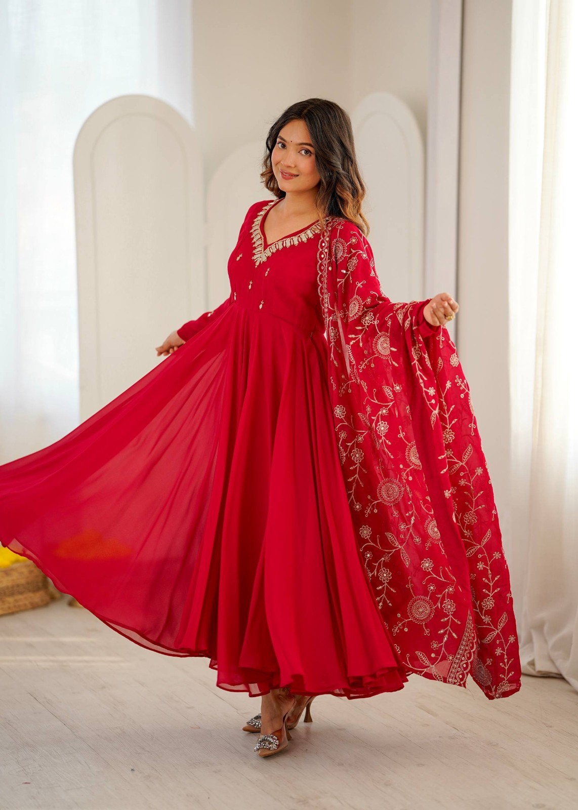 Heavy Faux Georgette Red Beautiful Gown Bottom With Dupatta For Wedding Wear