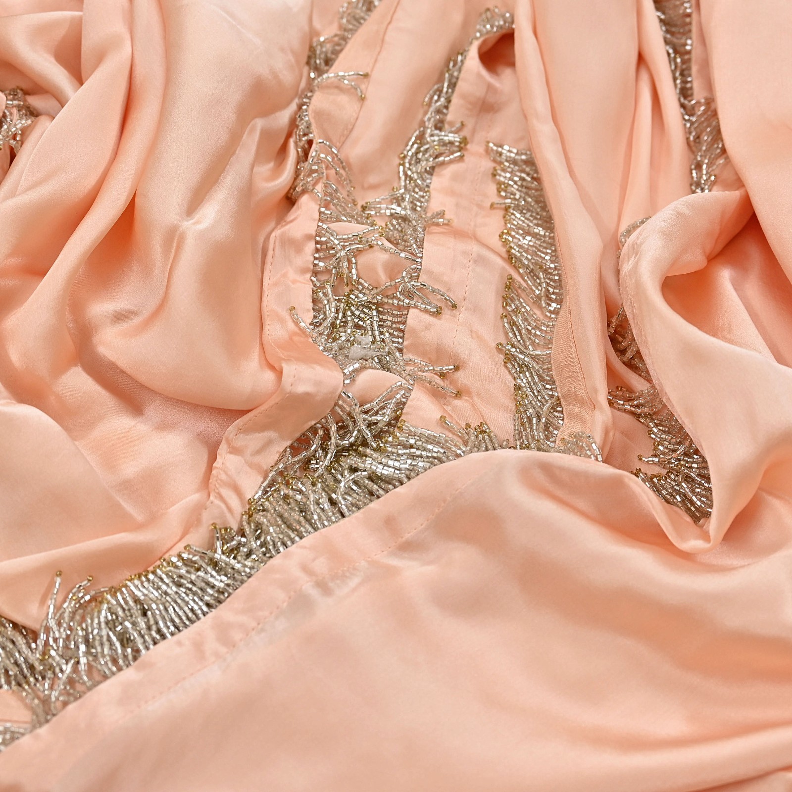 Rare Vintage Peach Pure Satin Silk Saree Hand Embroidered Fabric 5.5 Yards Sari
