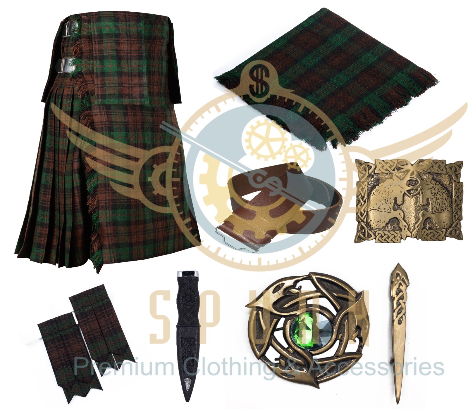 Scottish Multicolor 8 yard Kilts – Fly plaid – flashes and Antique Accessories