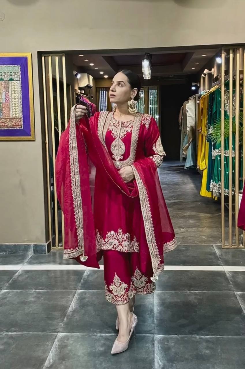 Exclusive Heavy Chinon Silk Red Salwar Kameez With Dupatta For Women & Girls