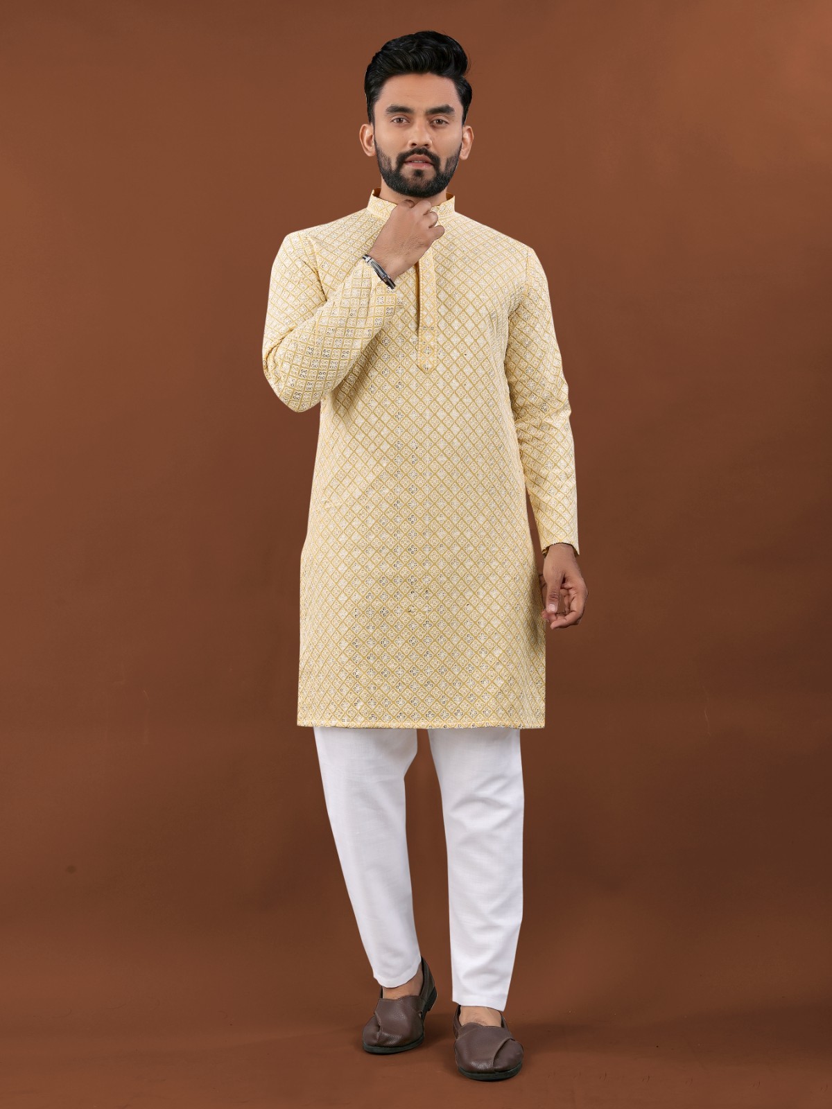 Stylish Designer Cotton Kurta Pajama Set With Heavy Embroidery For Functions