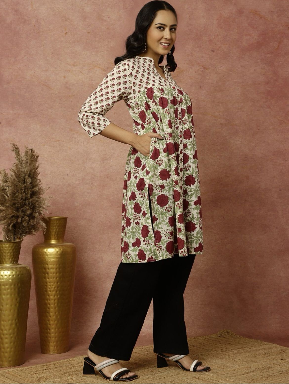 Women Anarkali Floral Printed Regular Mustard Flared Kurta , Summer Casual Dress