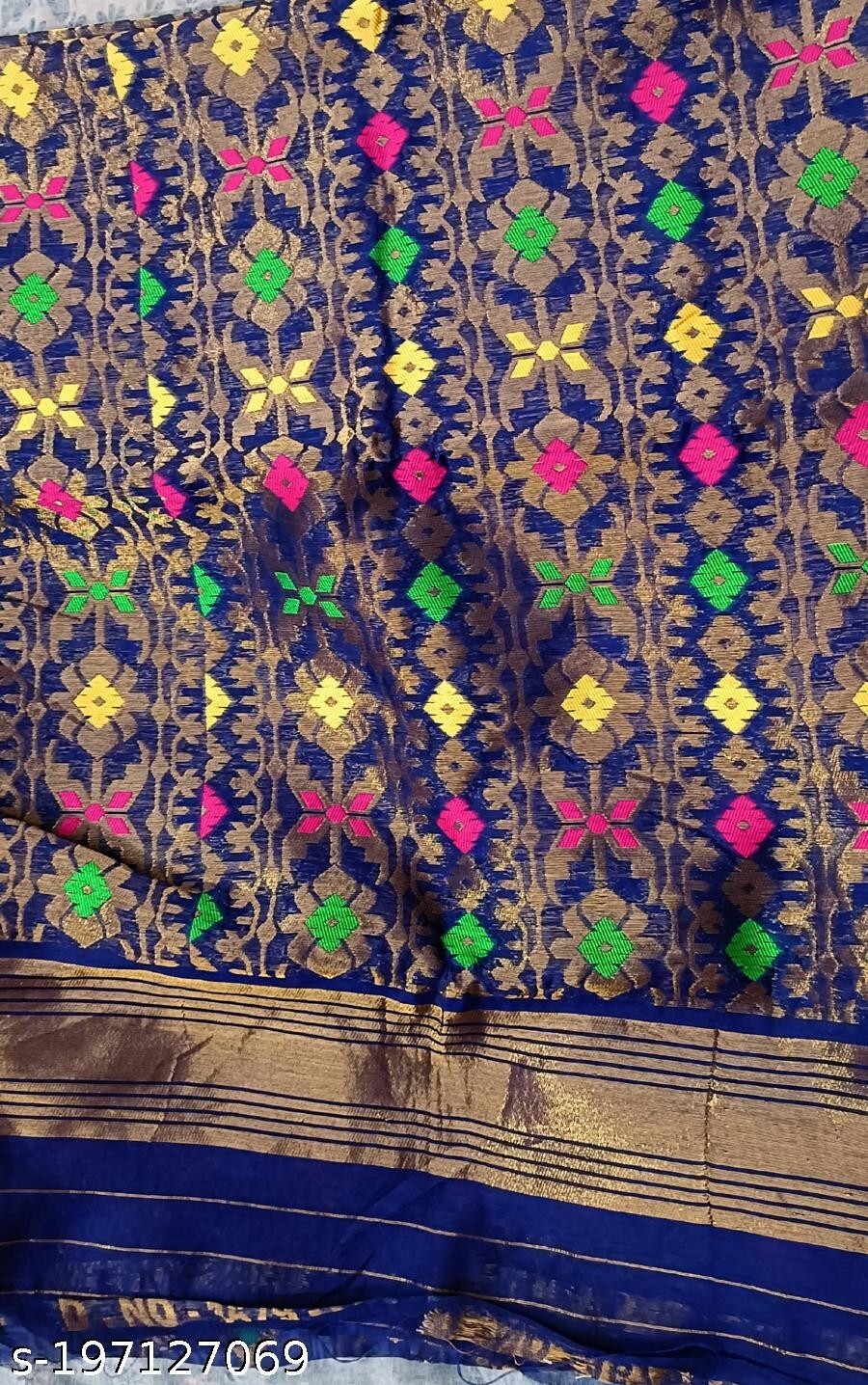 Designer Anniversary jacquard Copper Jamdani Silk Navy Blue color Prints saree