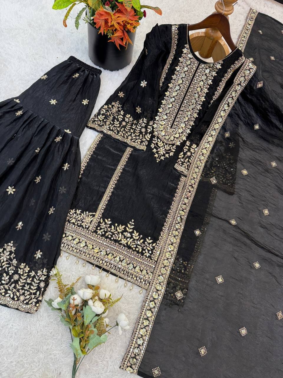Latest New Silk Black Top Palazzo With Dupatta For Indian Reception Wear