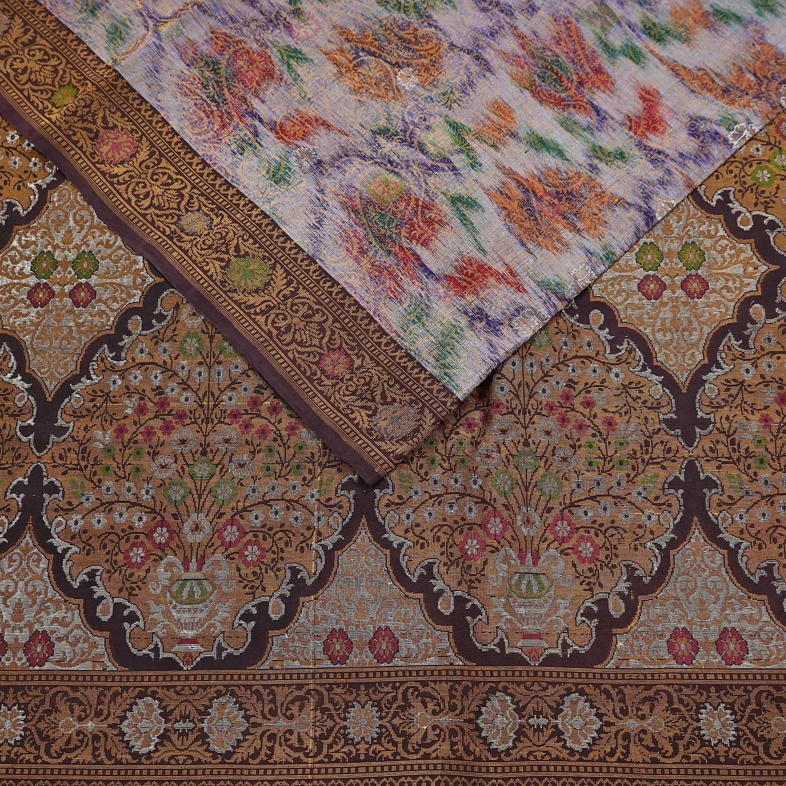 Indian Vintage Heavy Saree Brown & Multi 100% Pure Silk Hand Woven Ikat Sari 5yd