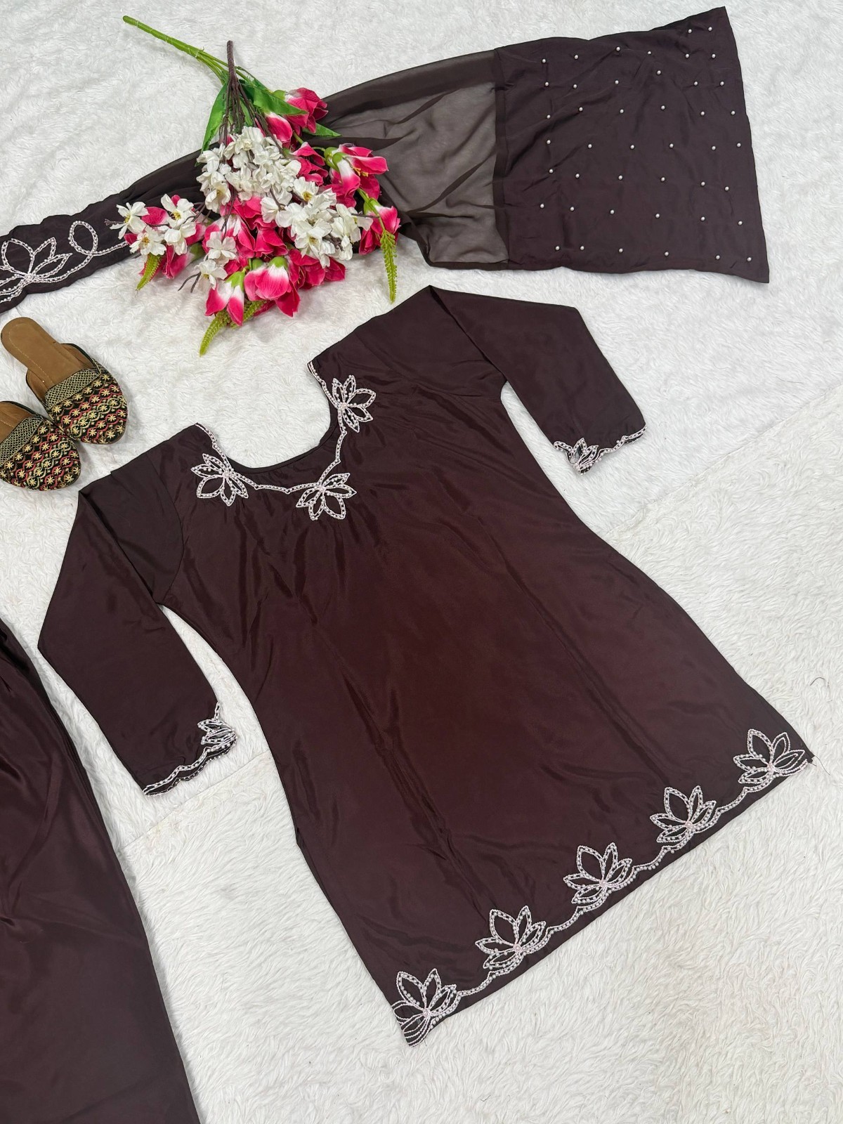 New Presenting Natural Crep Brown Salwar Kameez With Dupatta For Ethnic Wear