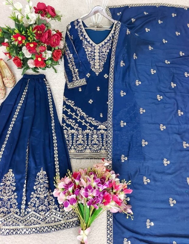 Unique Designer Pure Vichitra Silk Blue Top Palazzo With Dupatta For Reception