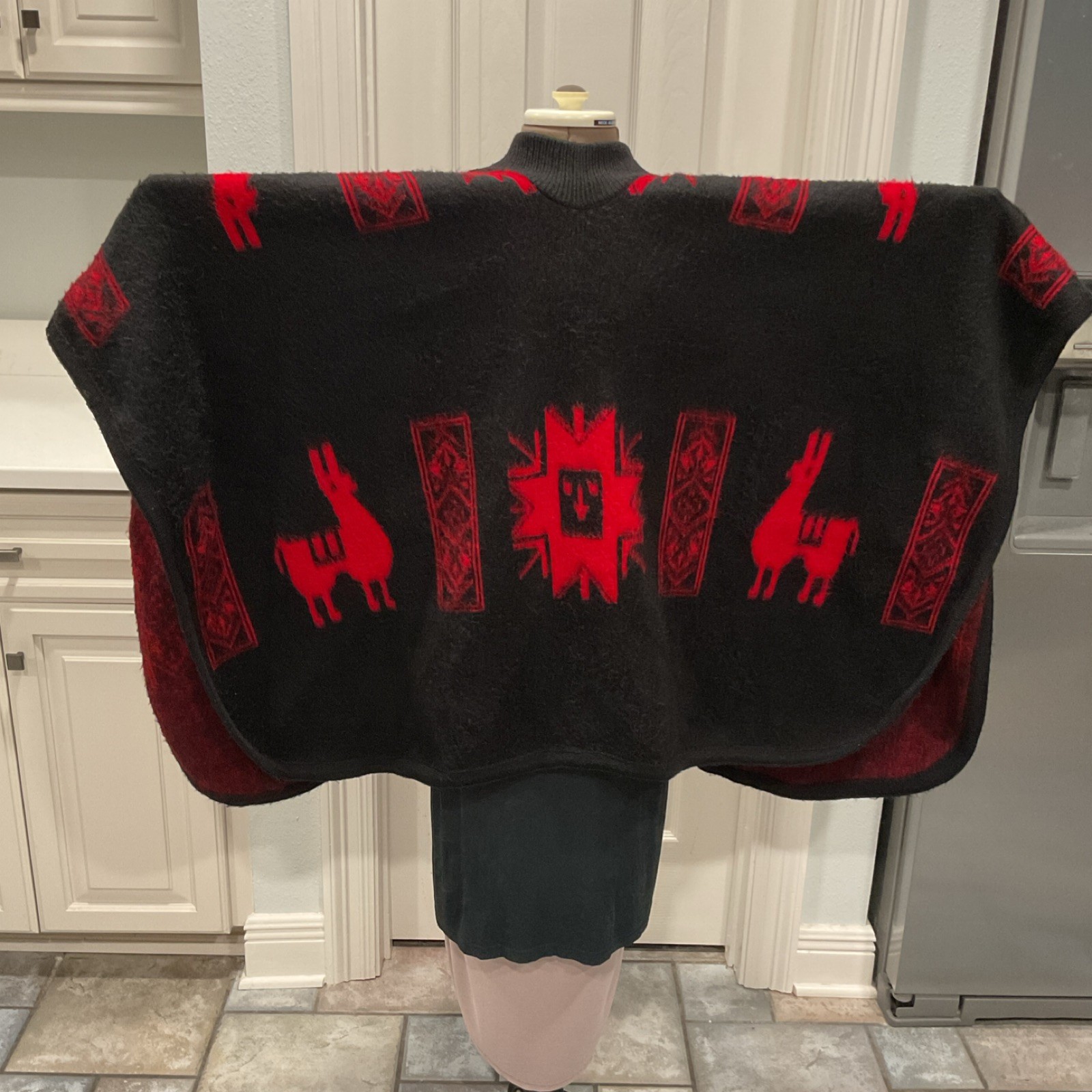 Handmade Black and Red Wool Poncho Latin American Andean Llama Motifs One Size