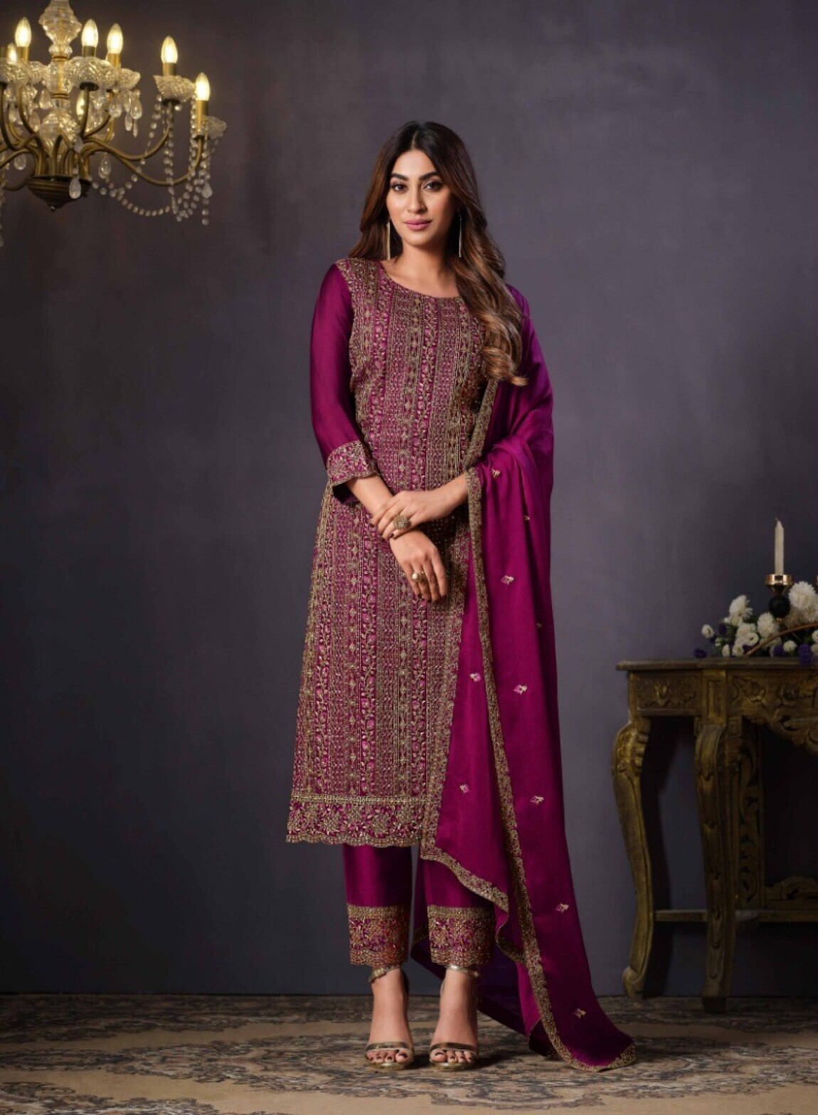 Heavy Georgette All Over Embroidery Work Semi Stitched Suits By Aarshi Fashions