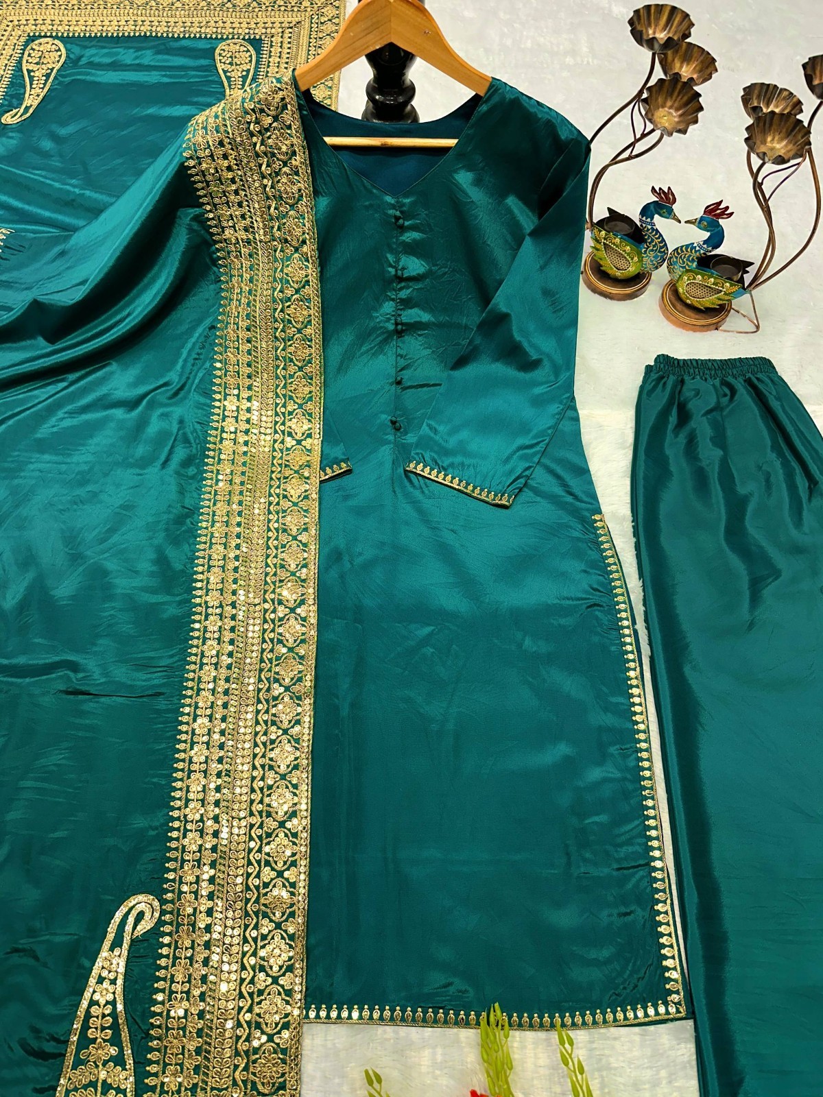 Presenting Heavy Silk Cream Top Palazzo With Dupatta For Functional Wear