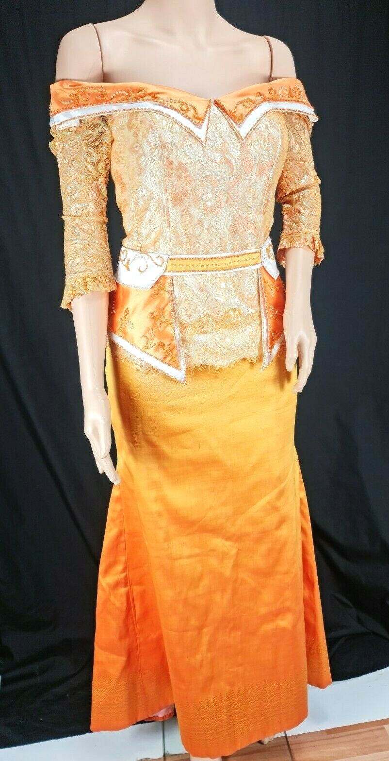 Cambodia Khmer Traditional Out fit Women Size M Gold Lace Pamong Mermaid Skirt