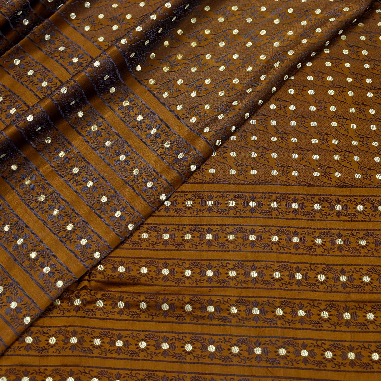 Vintage Sari Golden Brown Heavy Pure Satin Silk Woven Banarasi Tanchoi Saree 5Yd