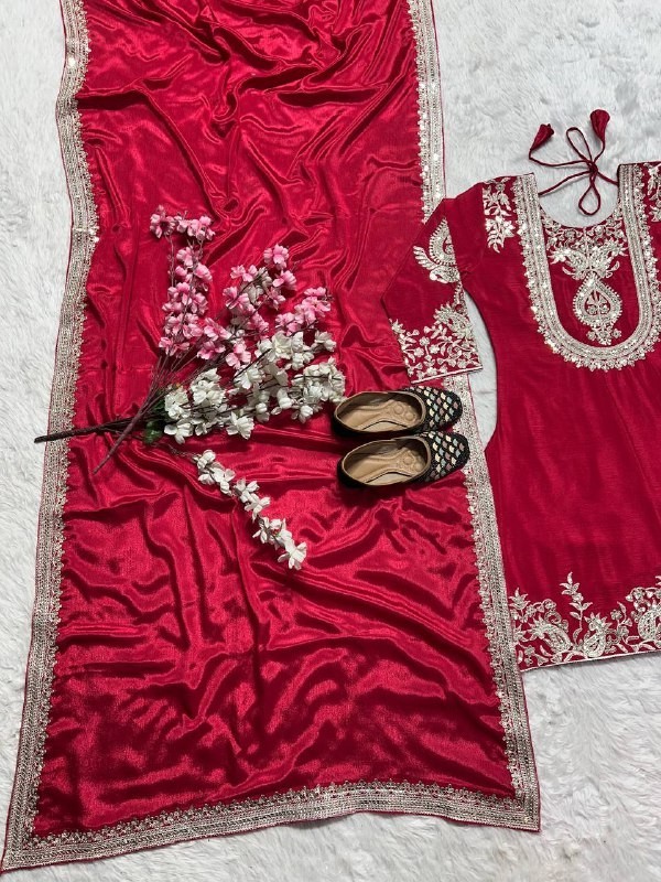 Exclusive Heavy Chinon Silk Red Salwar Kameez With Dupatta For Women & Girls