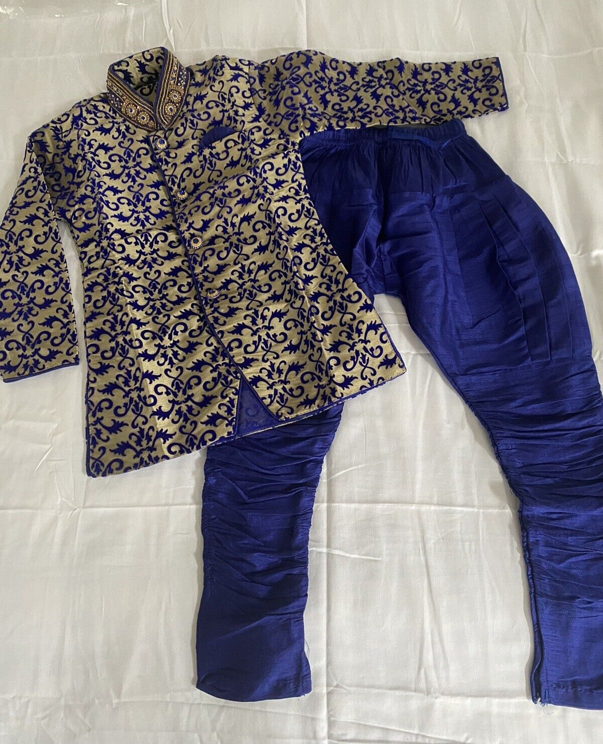 Boys Royal Blue & Gold Sherwani Jacket & Pyjama – Size 4