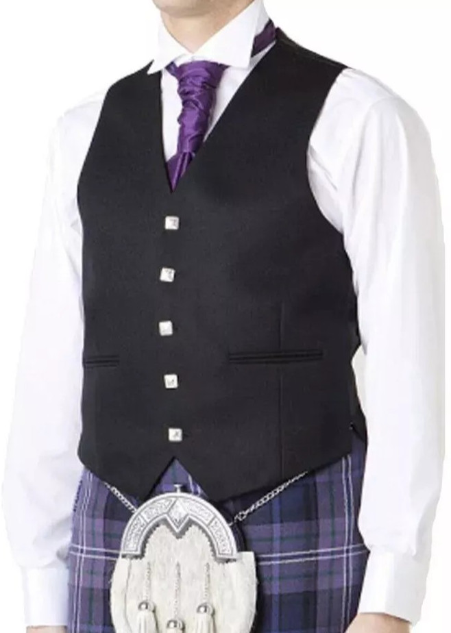 Scottish Prince Charlie Kilt Jacket Black Serge Wool + 3 & 5 Button Waistcoat