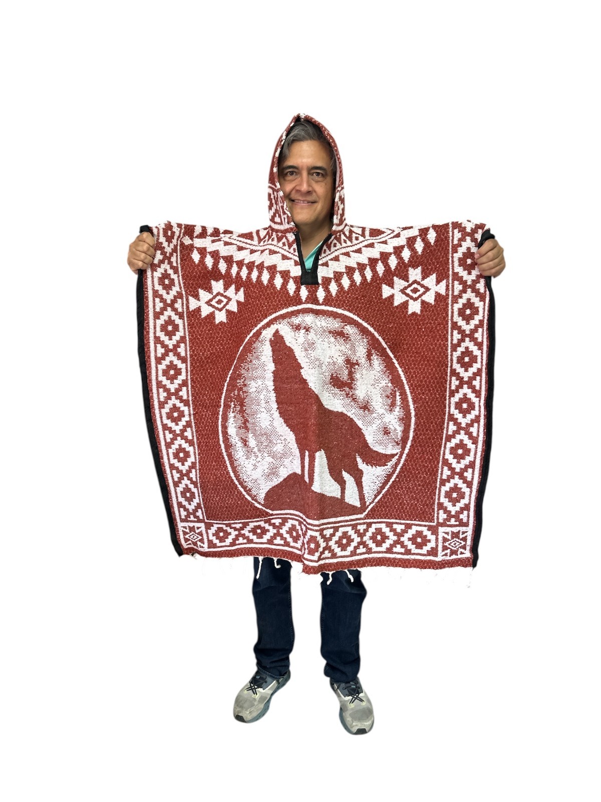 2XL MEXICAN PONCHO WITH HOOD , HOWLING WOLF BLANKET , ONE SIZE , TERRACOTA