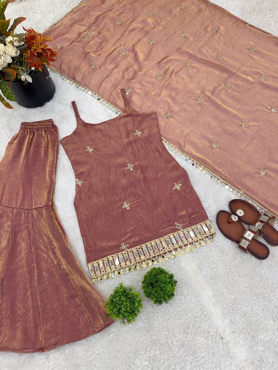 Attractive Look Silk Dusty Pink Top Palazzo With Dupatta For Party Wear