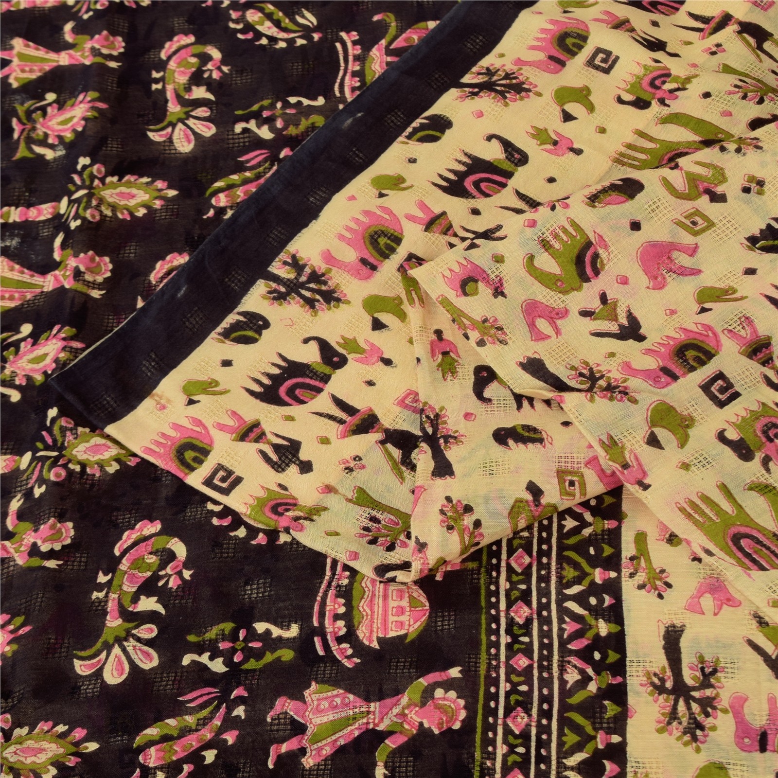 Sanskriti Vintage Sarees Ivory Pure Cotton Animal Human Printed Sari 5+Yd Fabric