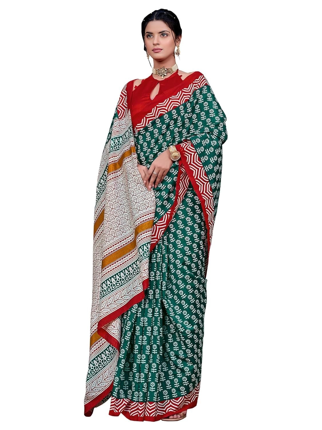 Women’s Green Bhagalpuri Silk Bagh Printed Saree with Unstitched Blouse Piece
