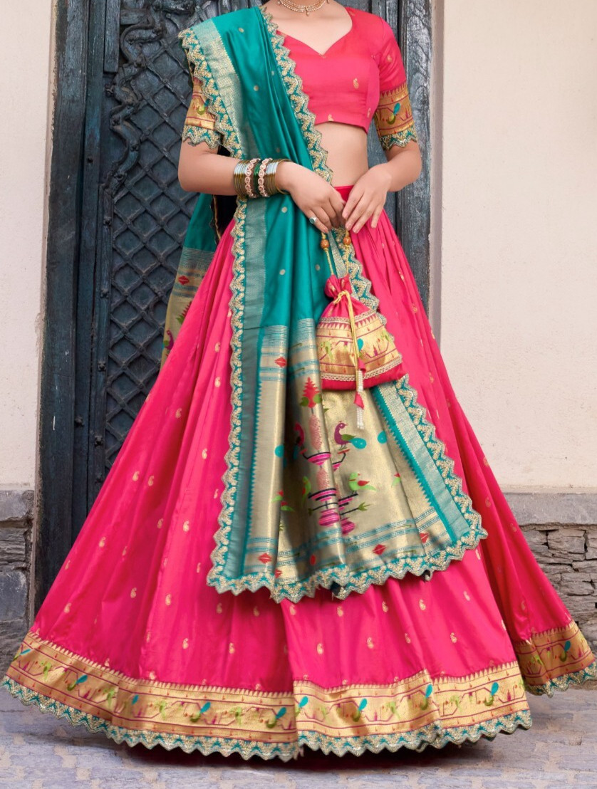 New Designer Pink Jacquard Silk Lehenga Choli With Dupatta For Women
