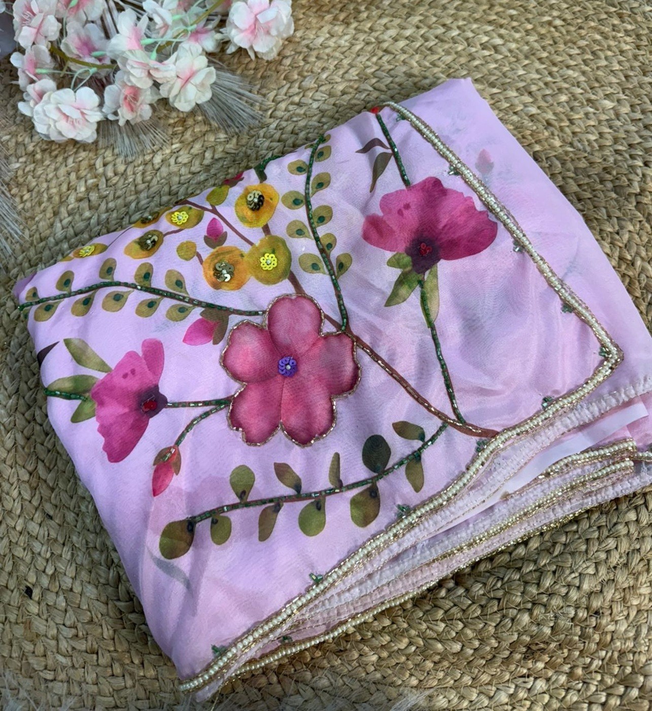 Tebby Silk Floral Saree with Cutdana & Sequence Handwork With Cutwork Border