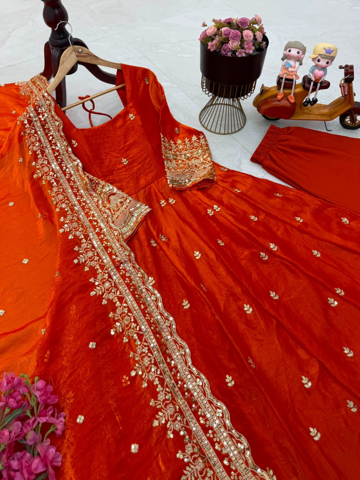 Orange Fendy Silk Embroidered Ready Made Anarkali Salwar Kameez Party Wear S