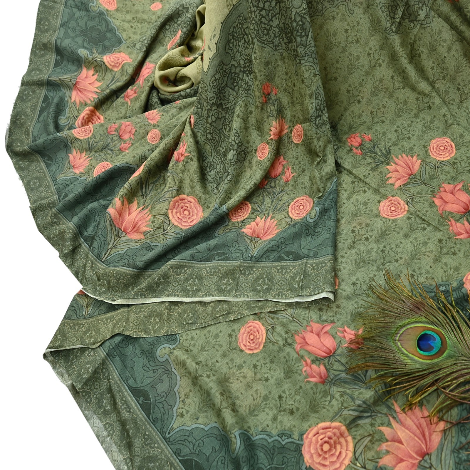 Indian Vintage Sari Green Blend Silk Woven Digital Printed Saree Craft Fabric 5y