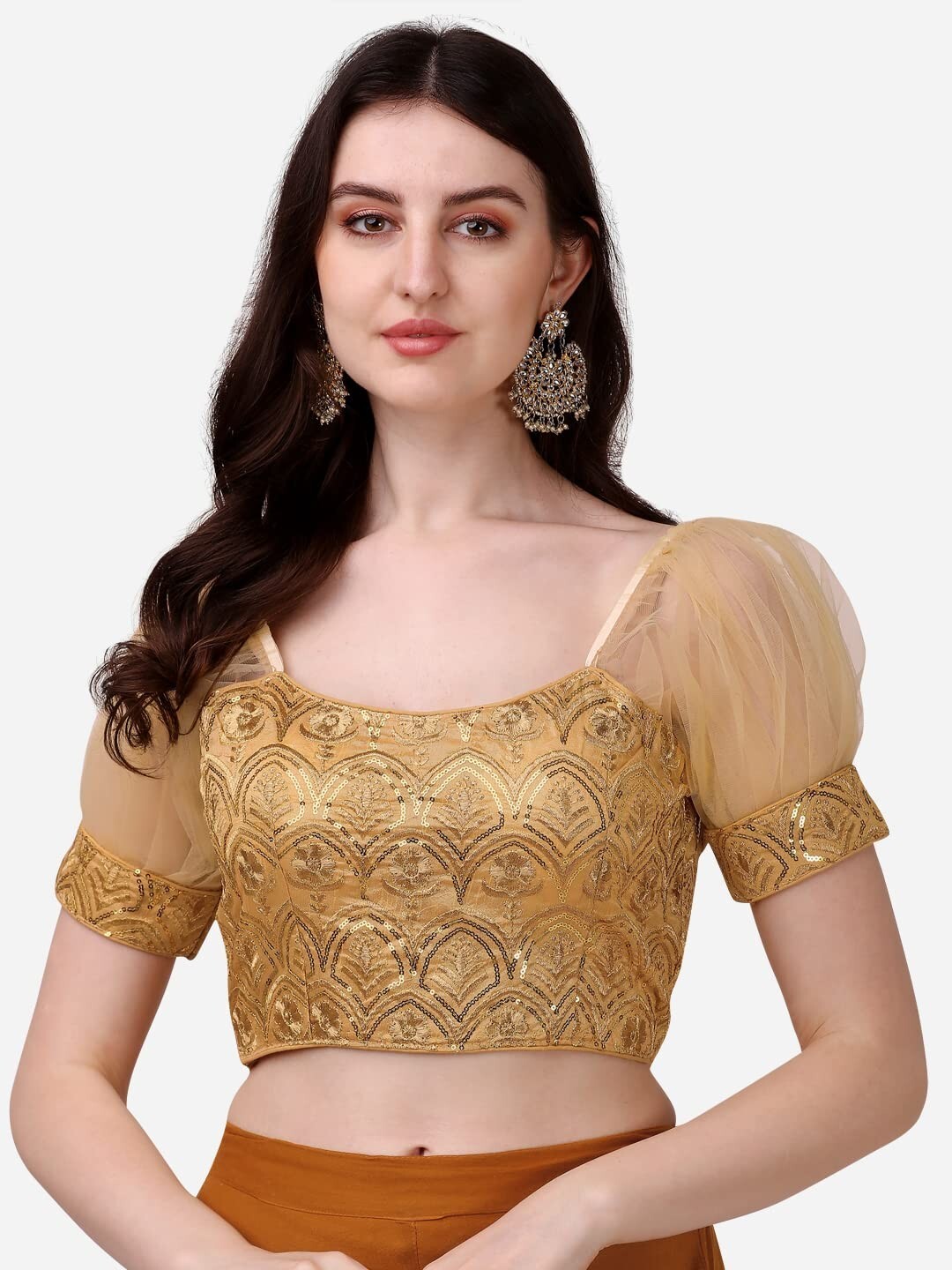 Womens Readymade Net Fabrics Round Neck Puff Sleeve Blouse