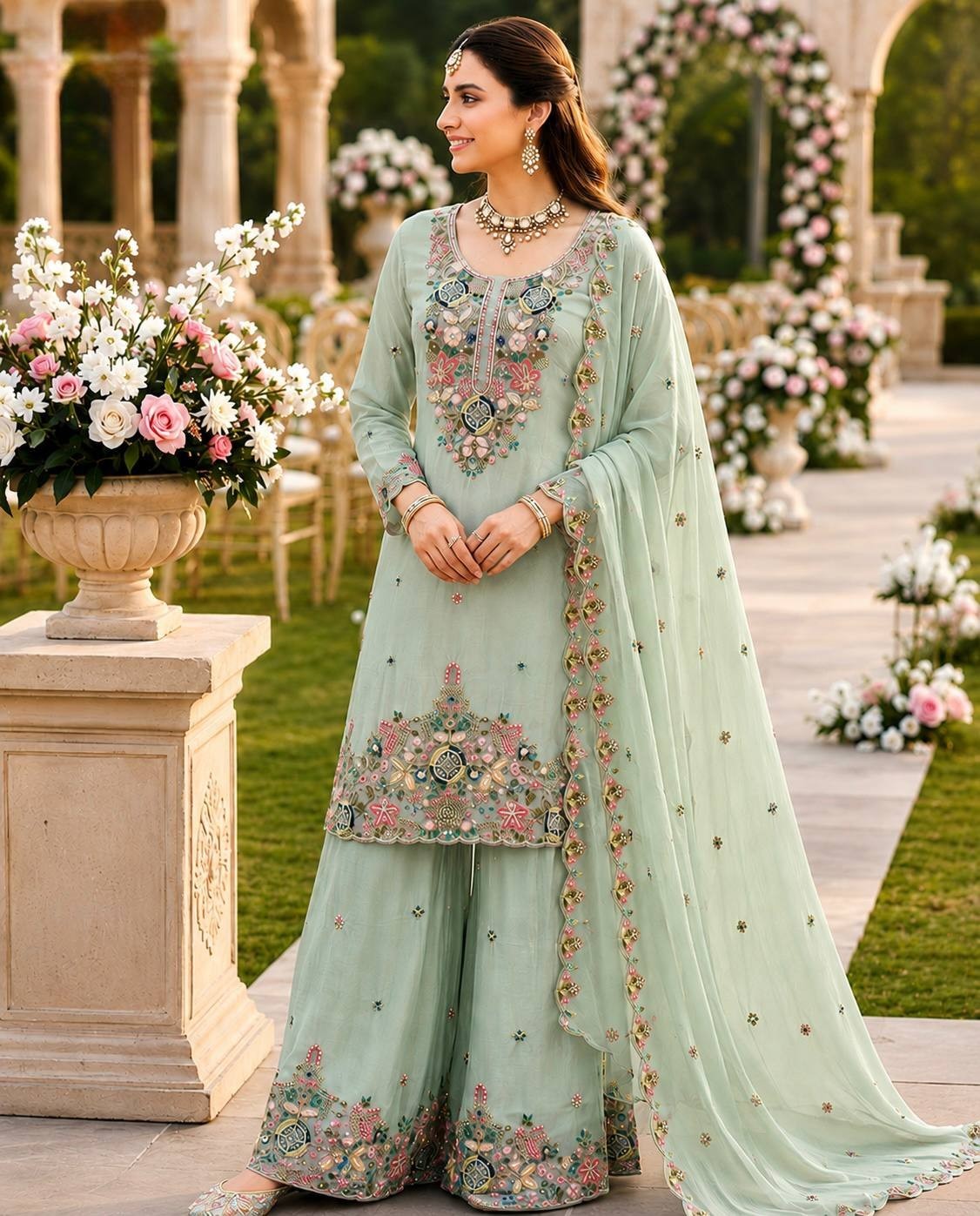 Attractive Designer Mal Chanderi Kurta Palazzo With Dupatta For Wedding