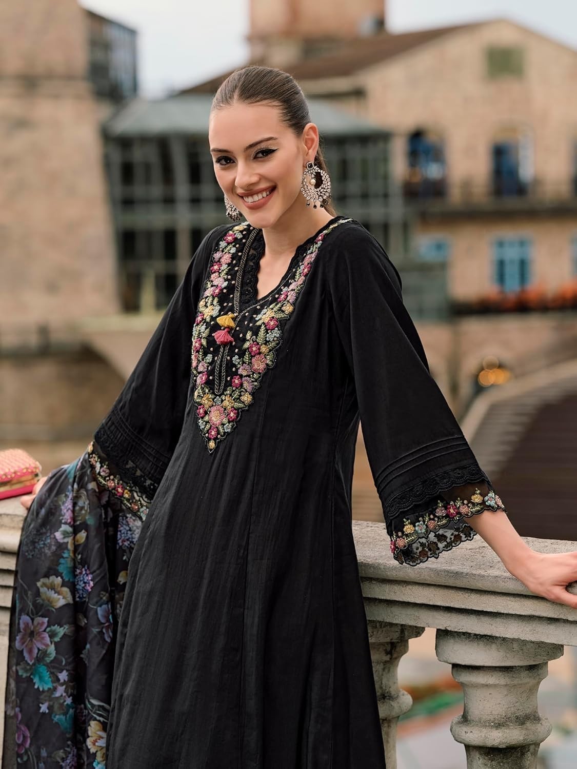 Women’s Silk Blend Embroidered A-Line Kurta Pant with Dupatta Set