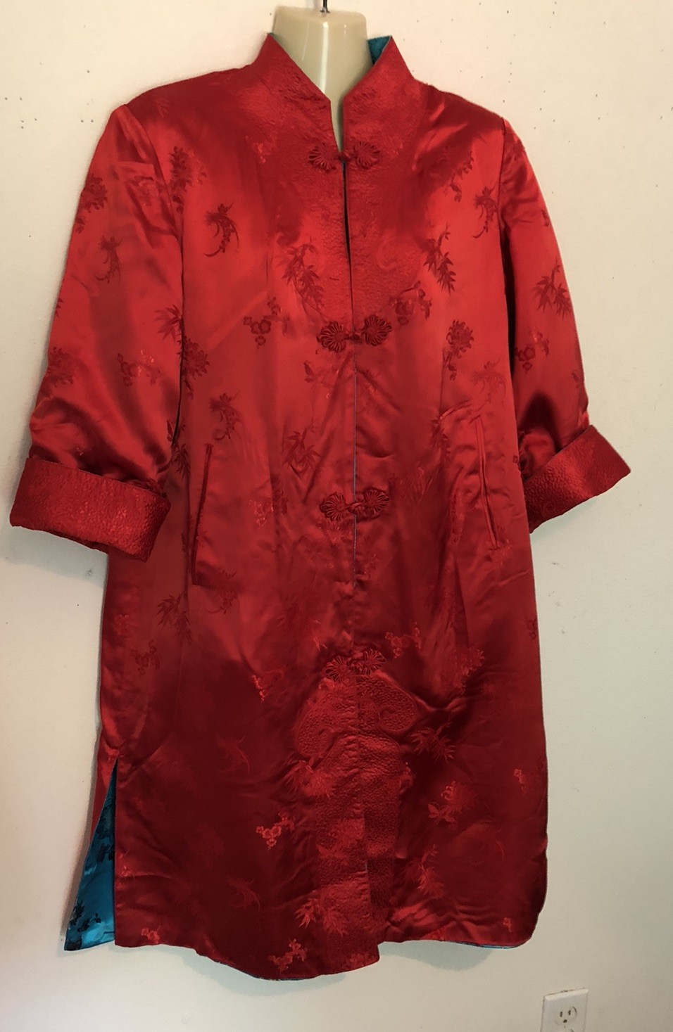 Vtg Peony Brand Chinese Kimono Size 38 Women’s S-M Reversible Blue Or Red FLAWED