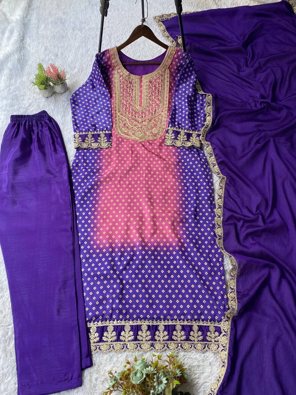 Indian Designer Printed Chinnon Salwar Kameez With Dupatta For Women