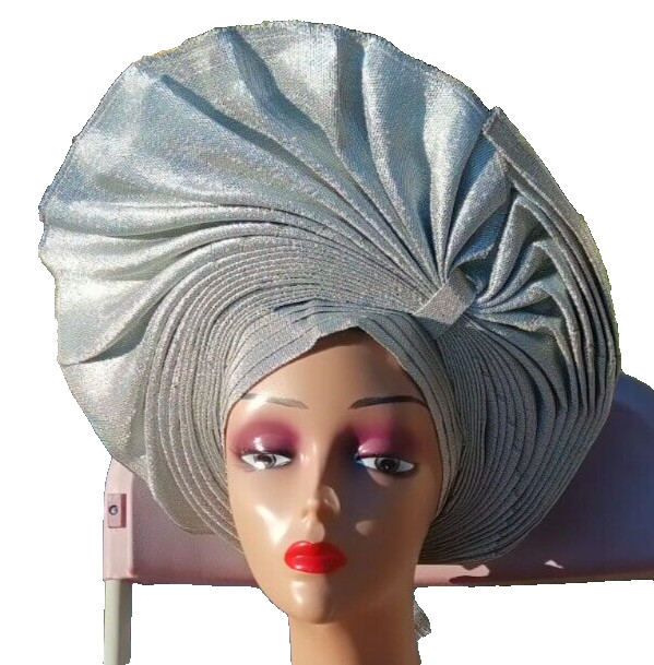 Grey/silver african elegant auto gele made with asooke for women NEW