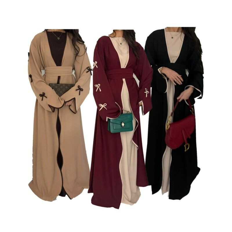 Muslim Eid Gown Modest Abaya Women Bow Batwing Sleeve Kaftan Dress Waist Robe