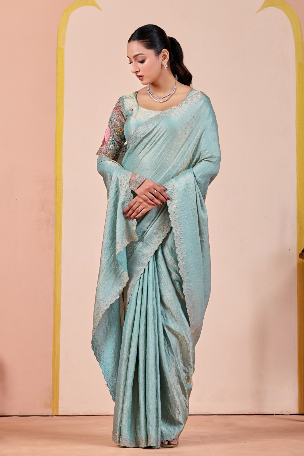 Sky Blue Glory Satin Two-Tone Saree Heavy Embroidered Designer Blouse Wedding