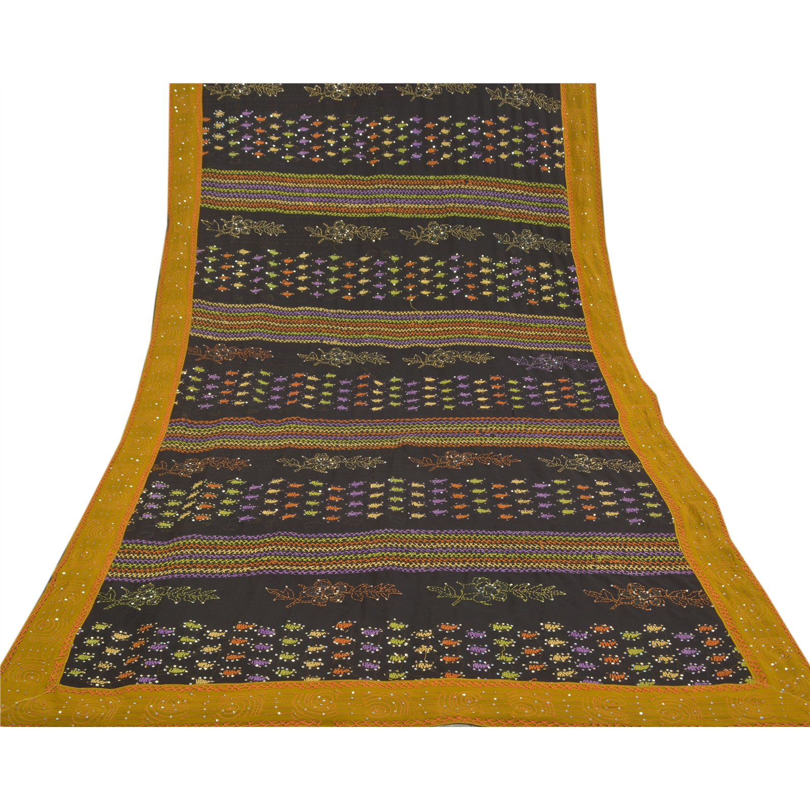 Sanskriti Vintage Black Sarees Georgette Hand Beaded Kantha Premium Sari Fabric